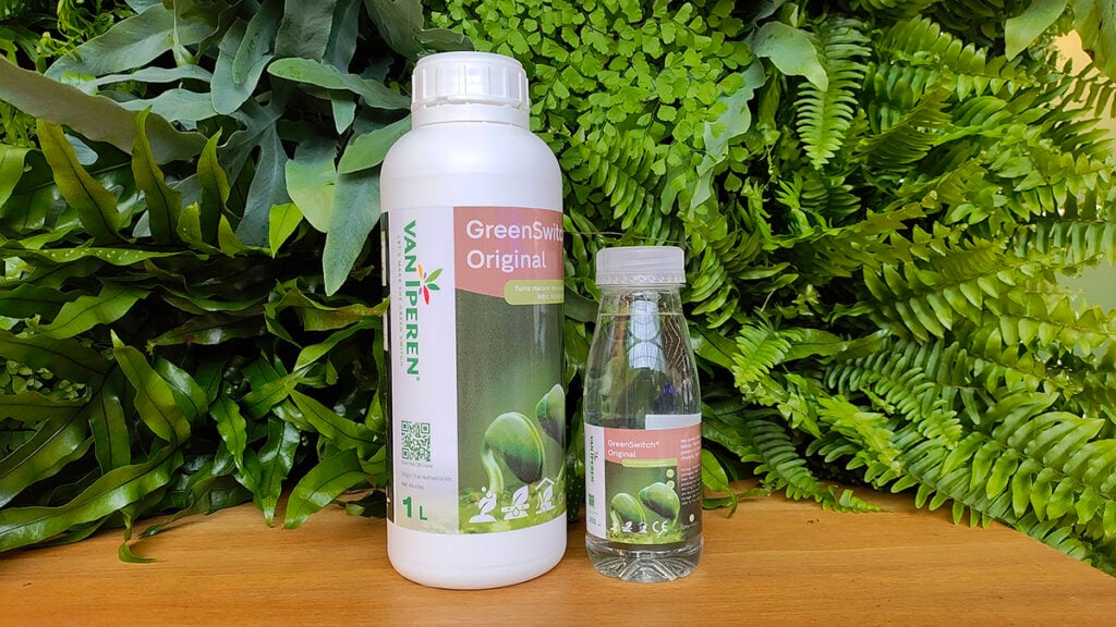 Bottles of GreenSwitch Original, our circular Nitrate liquid fertilizer from organic source